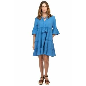 BTFL-life Blue Cotton Gauze Tiered Mini Dress Tassel V-Neck Pockets S